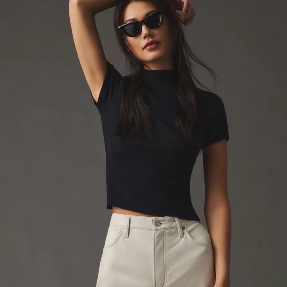 Maeve Black Short Sleeve Mock Neck Top